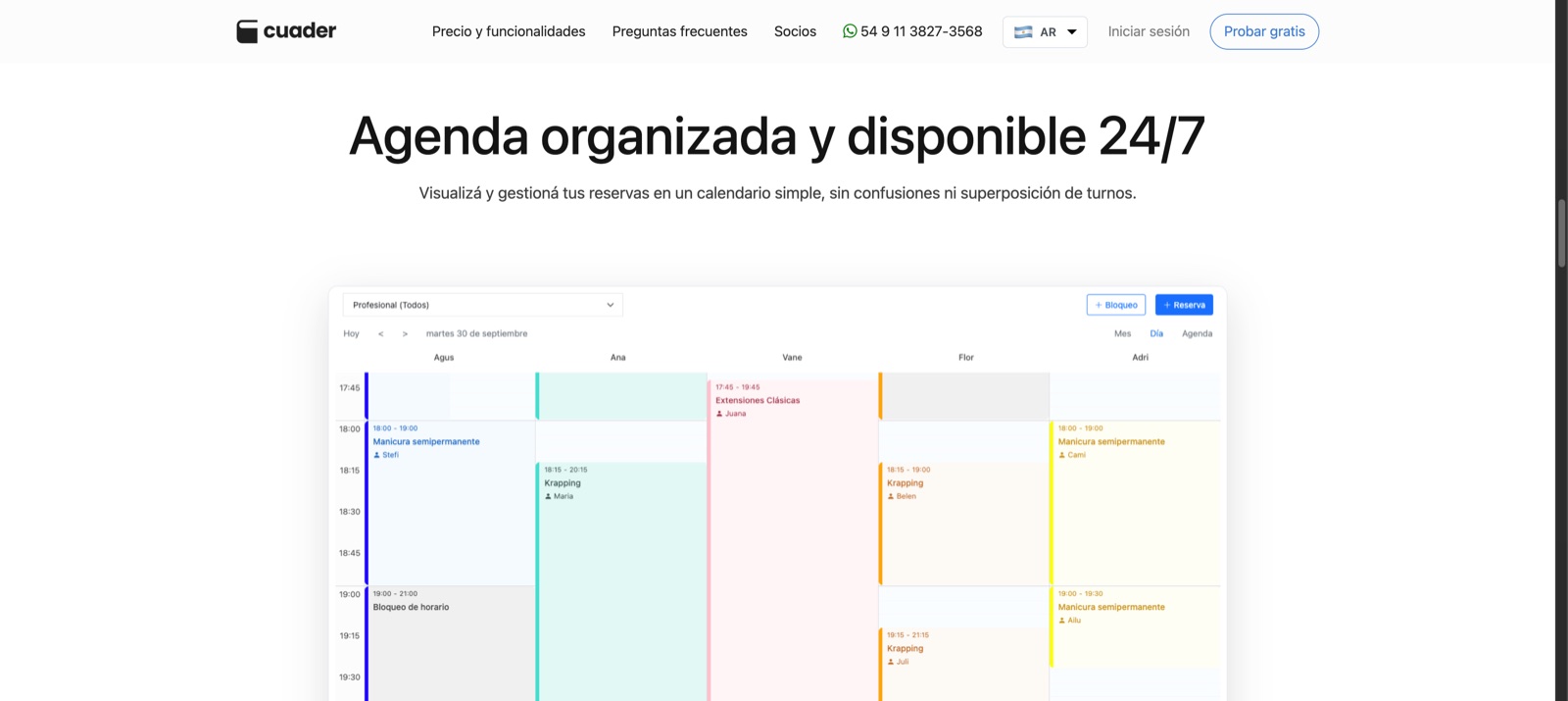 Panel de agenda de Cuader
