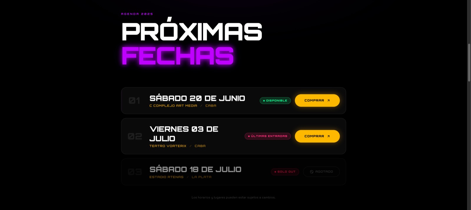 Listado de próximas fechas de TKM Fiesta con estado de entradas